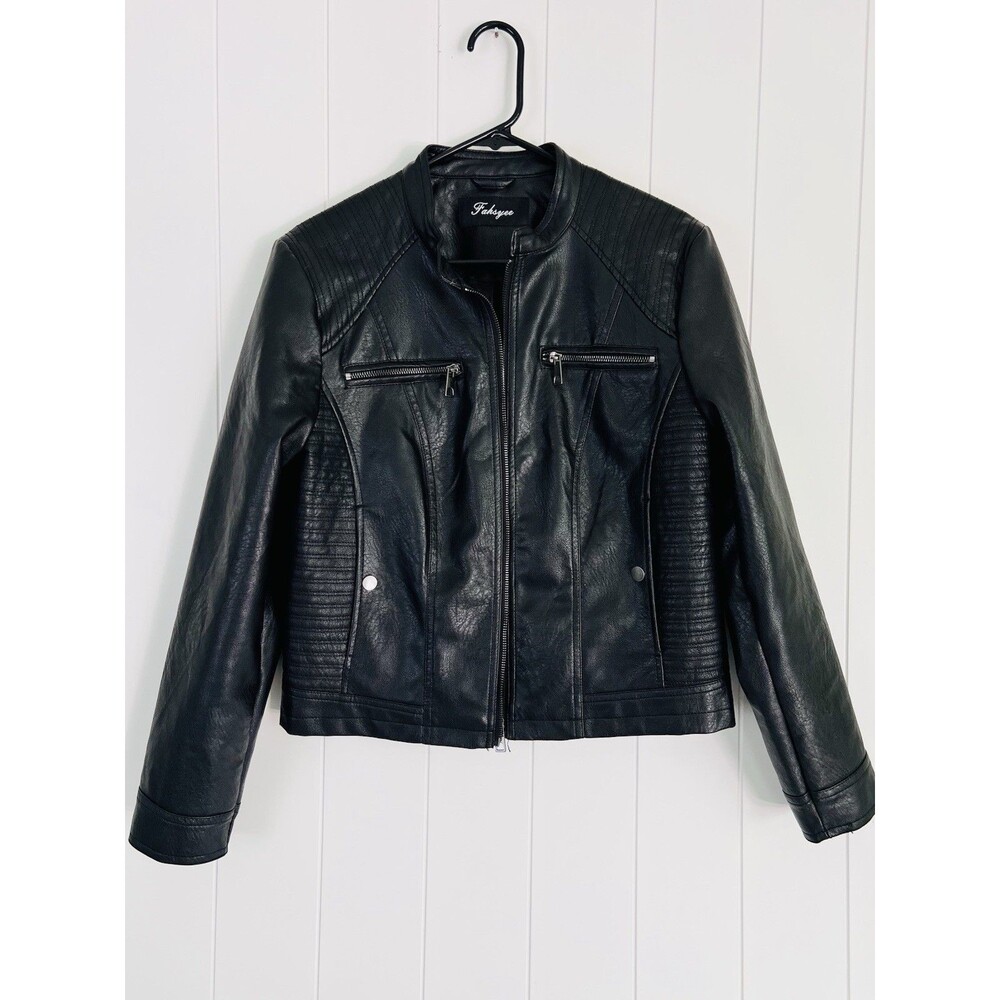 Fahsyee Black Polyurethane Vegan Leather Motorcycle Jacket Moto Biker Womens Med